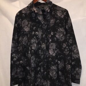 Comfy USA Black And Gray Floral Print Button Down Blouse With Supper Back | M